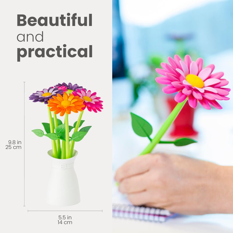 Vigar Flower Pen Set with Vase Holder, 5 Colorful Decorative Floral Pens with Blue Ink, Cute Office Supplies, Fun Pens for School and Work - Image 3